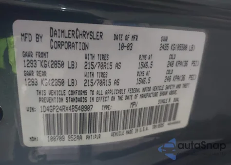 2004 Dodge Grand Caravan Se from USA, damaged, VIN 1D4GP24RX4B548907